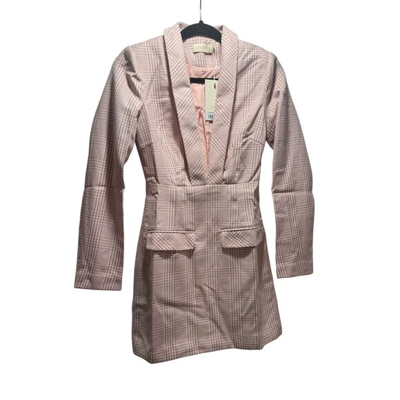 Choosy Pink & White Houndstooth Long Blazer Dress With Pockets & Tags Size 0 - Picture 1 of 4